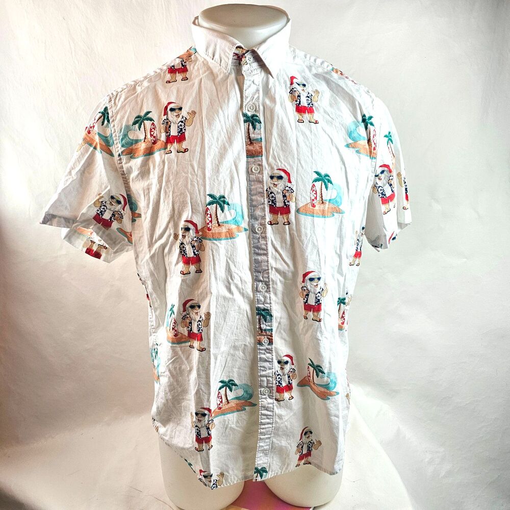 Denim & Flower Ricky Singh Shirt Mens Large White Button Up Santa Hawaiian Xmas